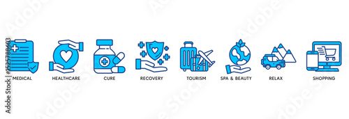 Medical tourism icon set vector illustration concept relate to medical, healthcare, cure, recovery, tourism, spa, beauty, relax and shopping