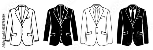 Four suits in black and white showing different styles and designs of formal wear for men fashion icon