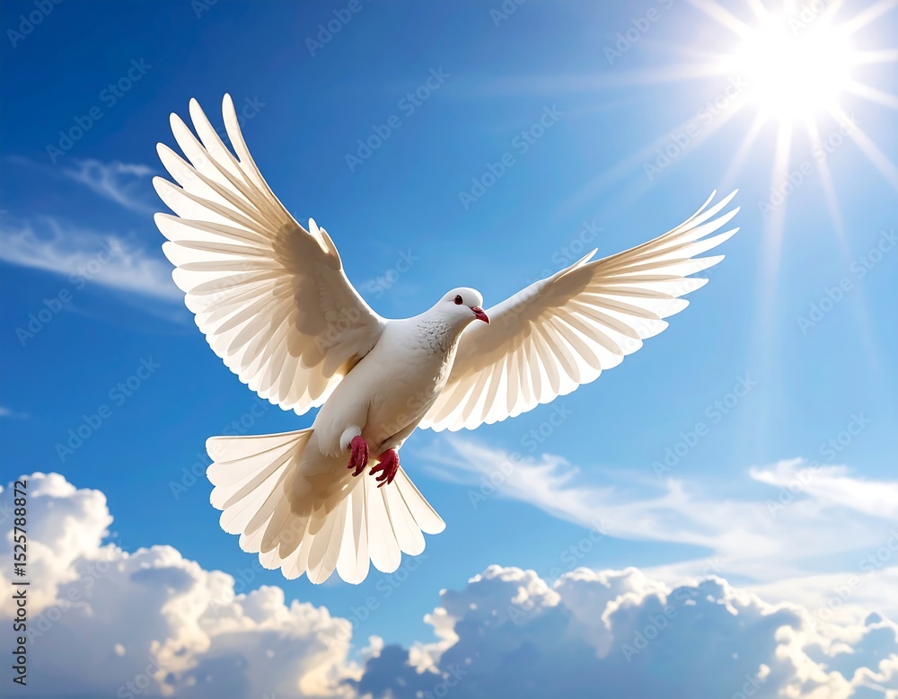 Fototapeta premium White dove soaring in a vibrant blue sky
