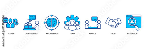 Expertise icon set vector illustration concept relate to representing high-level knowledge and experience with an icon of expert, consulting, knowledge, team, advice, trust, and research
