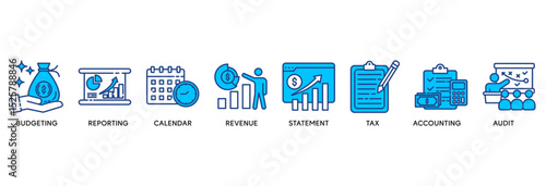 Fiscal year icon set vector illustration concept relate to budgeting, reporting, calendar, revenue, statement, tax, accounting, audit