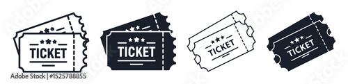 Illustration of various ticket designs in black and white with stars and the word ticket on them