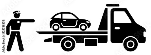 A police officer directing traffic with a car on a tow truck in black and white illustration