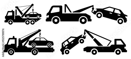 Illustrations depicting various tow trucks in action with cars being towed in different scenarios shown