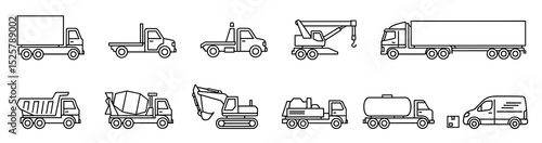 Line art illustration showing a collection of various types of trucks and construction vehicles in black and white