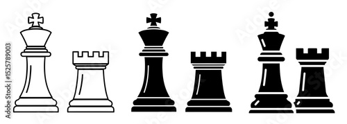 Three sets of chess pieces featuring a king and a rook in black and white illustrations style art