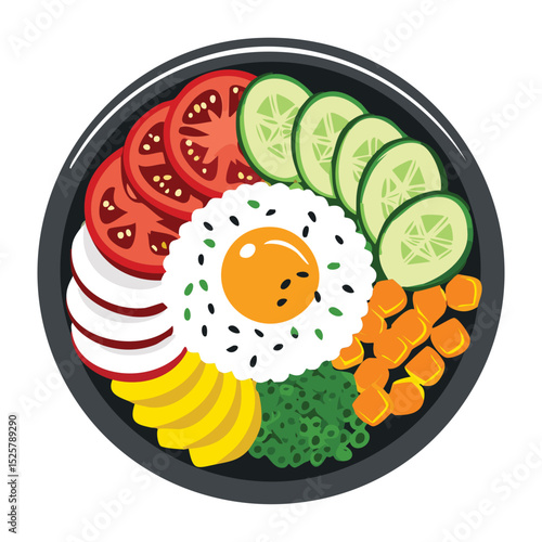 Delicious Bibimbap Bowl with Fresh Toppings - Vector Illustration