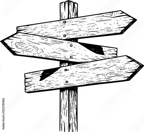 Engraved illustration of a wooden signpost with three arrow-shaped signs pointing in different directions
