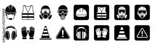 Collection of safety equipment icons including helmets vests masks gloves and warning signs shown in black and white