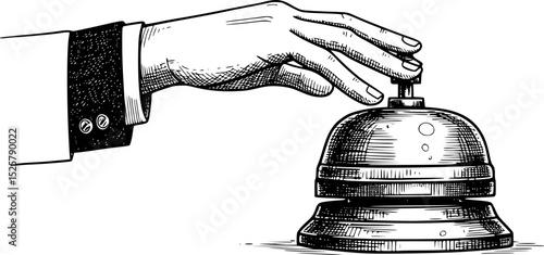 Hand About to Ring Service Bell in Detailed Black and White Engraving Line Art Drawing
