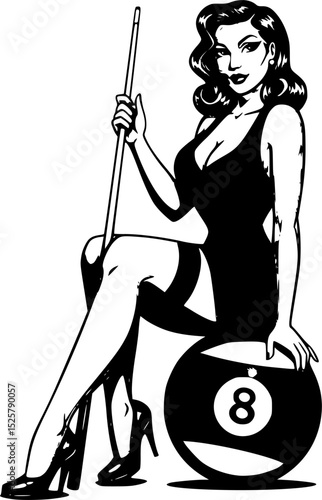 Smiling pinup girl sitting on 8 ball holding pool cue, black and white vintage drawing
