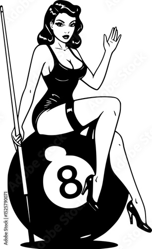 Smiling pinup girl sitting on 8 ball holding pool cue, black and white vintage drawing
