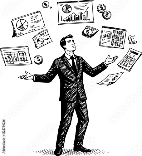 Stressed businessman in suit overwhelmed by business tasks and information overload sketch art
