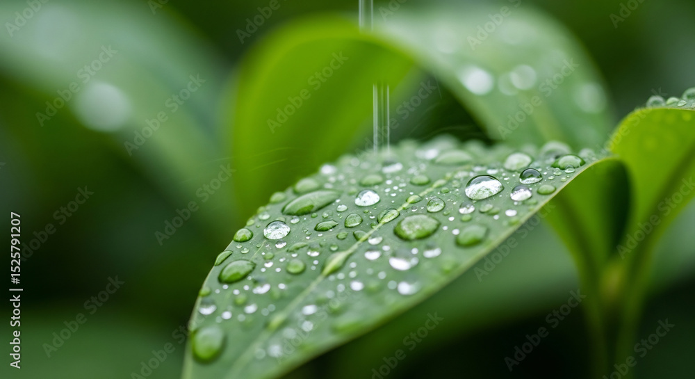 Naklejka premium Close up of fresh green leaf with water droplets capturing nature's purity