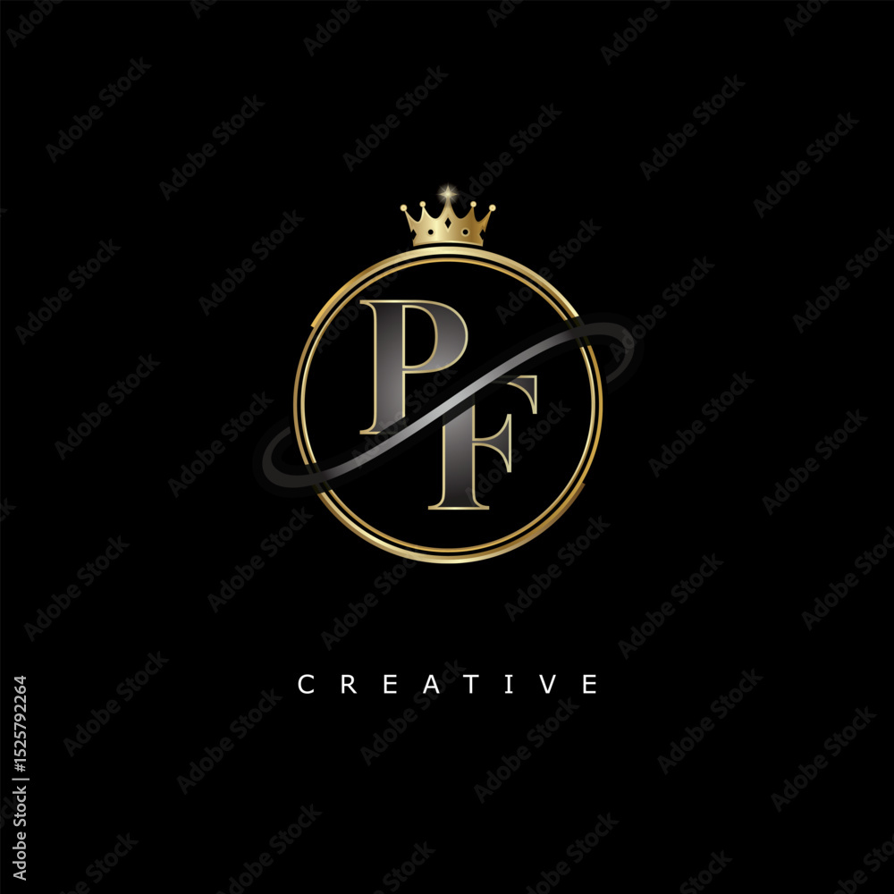 Obraz premium PF Luxury Creative Logo – Elegant Gold Monogram Letter mark with Crown, Circle & Royal Style for Fashion, Boutique, Jewelry, Branding & Premium Identity Design
