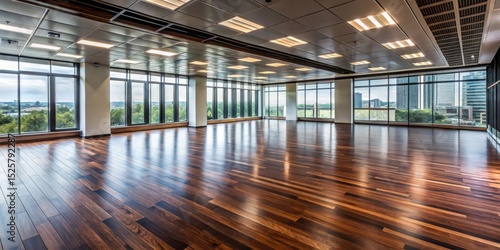 Dark hardwood flooring in a modern commercial office building with large windows and natural light pouring in
