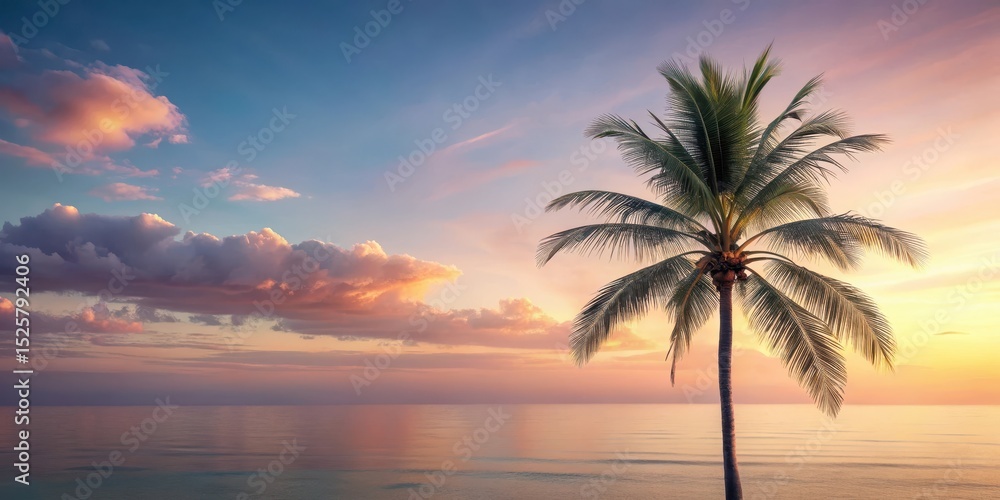 Fototapeta premium Softly glowing palm tree stands alone against a serene pastel-hued sky with gentle waves in the background
