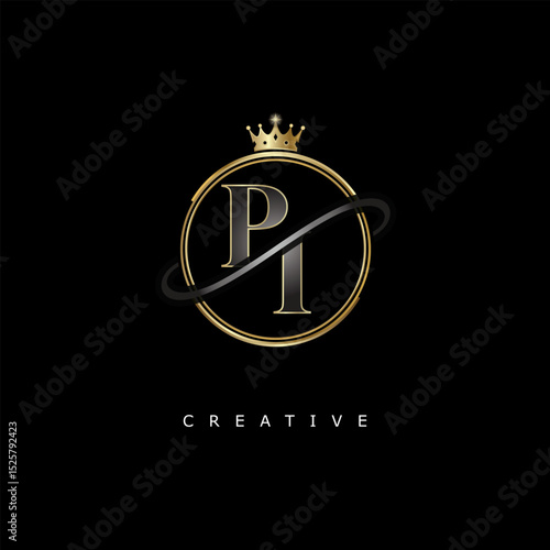 PI Luxury Creative Logo – Elegant Gold Monogram Letter mark with Crown, Circle & Royal Style for Fashion, Boutique, Jewelry, Branding & Premium Identity Design