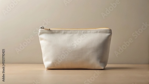 A blank canvas makeup bag mockup on a beige surface with a subtle texture and minimal shadows