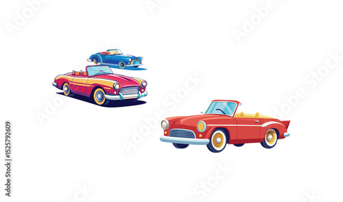 Cartoon Illustration of Vintage Convertible Cars Red, Yellow, and Blue Classic Roadsters