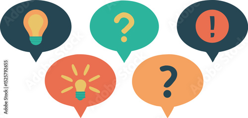 Set of Colorful Speech Bubbles with Idea, Question, and Exclamation Marks Flat Vector Icons