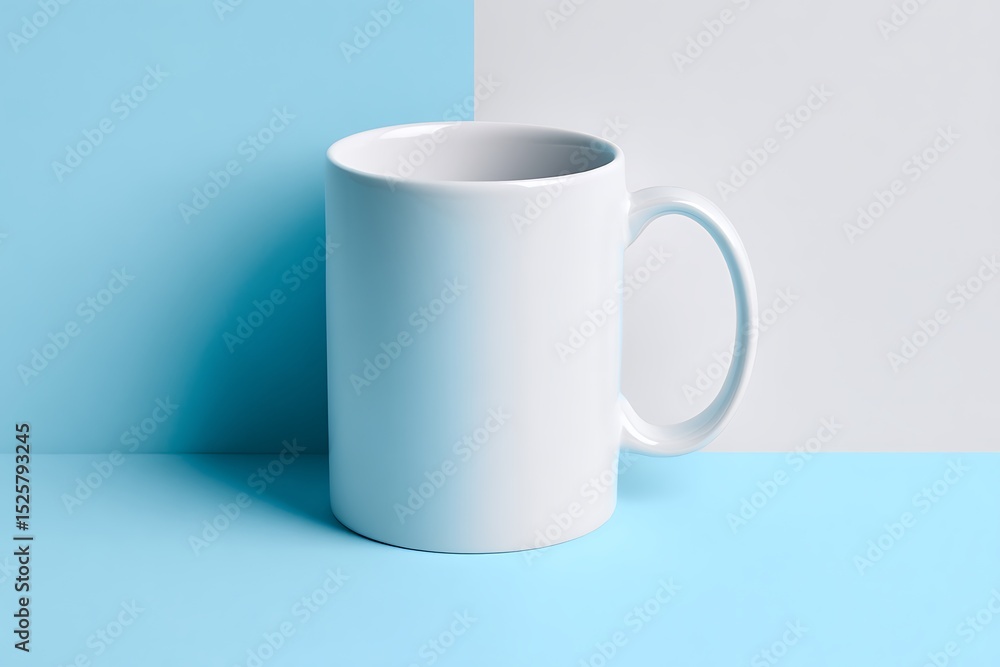 A White Coffee Mug Placed On A Two Toned Blue Background, Product Mockup, Customizable Design, Branding Opportunity A White Coffee Mug Placed On A Two Toned Blue Background, Product Mockup, Customizable Design, Branding Opportunity