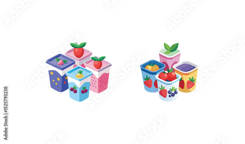 Isometric Fruit Yogurt Containers with Toppings Strawberries, Pineapples, Blueberries, Cherries, Tomatos, Oranges, Grapes, and Greens