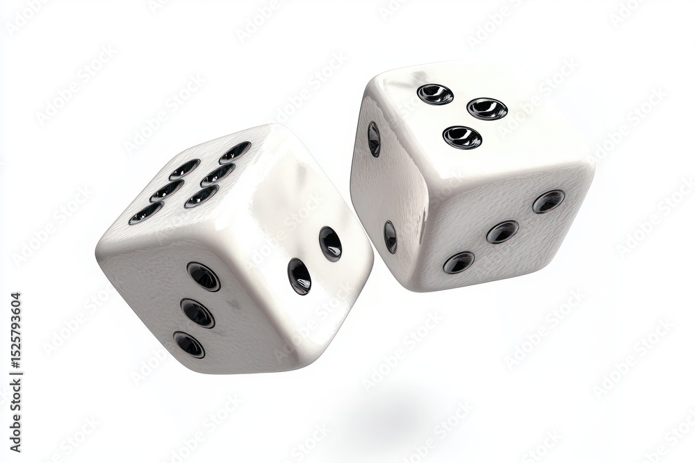 Two white dice with black dots showing numbers in mid-air against a white background, suggesting motion and chance Two white dice with black dots showing numbers in mid-air against a white background, suggesting motion and chance