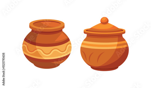 Two Cartoon Orange Clay Pots One Open and One Covered, Isolated