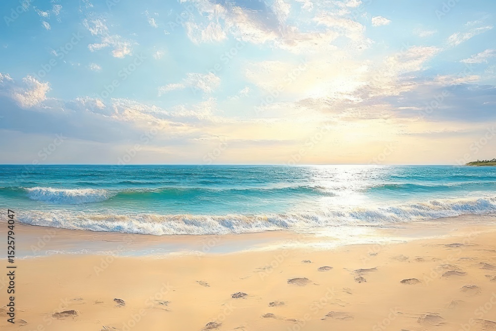 peaceful beach scene with calm waves gently rolling onto sandy shore under a partly cloudy sky with soft sunlight reflecting on the water peaceful beach scene with calm waves gently rolling onto sandy shore under a partly cloudy sky with soft sunlight reflecting on the water