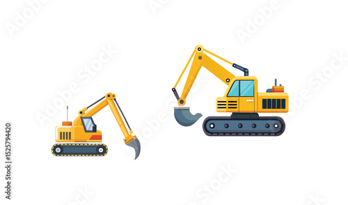 Two Yellow Construction Excavators with Tracks and Buckets, Isolated on a White Background