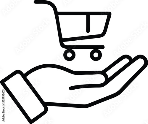 A black silhouette depicting a hand with a shopping cart on white background