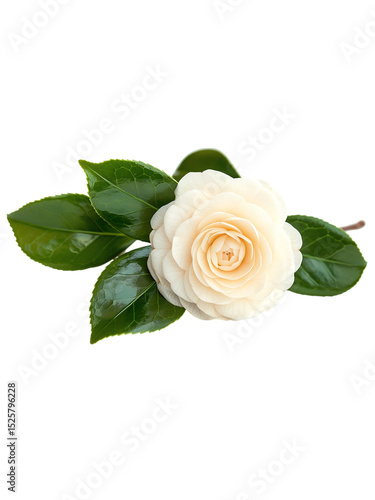 Isolated white camellia flower with green leaves isolated on white or tansparent background.