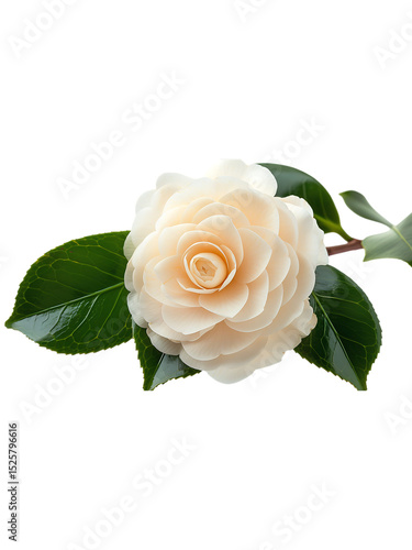 Close up of a light pink camellia flower with green leaves.
