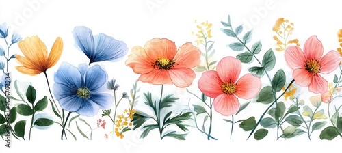 Delicate watercolor illustration of various colorful flowers and green foliage on a white background evoking a fresh and serene spring atmosphere