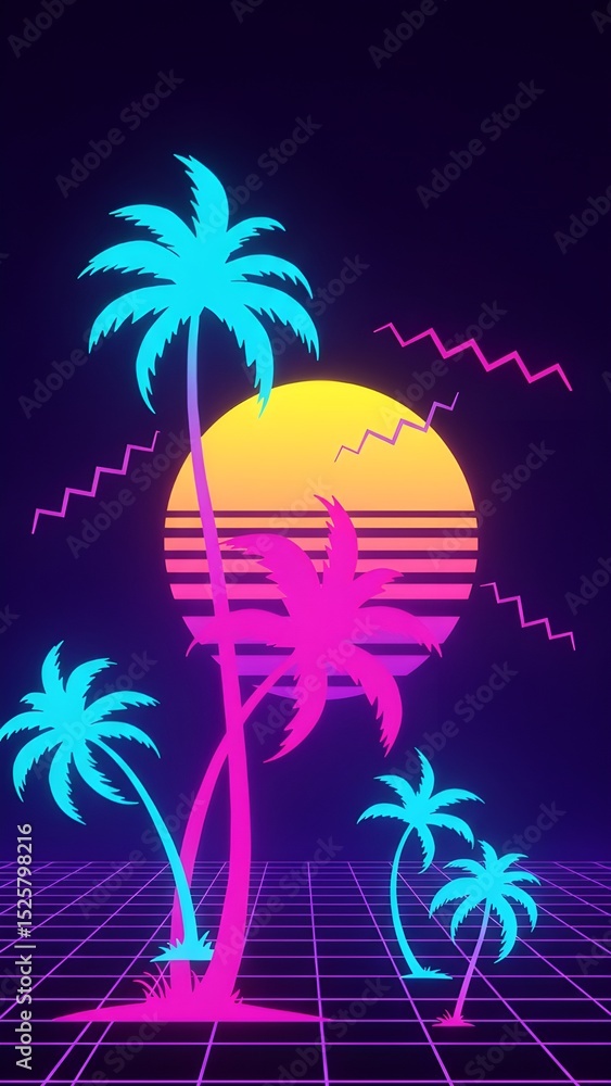 Naklejka premium Neon Synthwave Palm Tree Background Set Retro 80s Aesthetic Futuristic