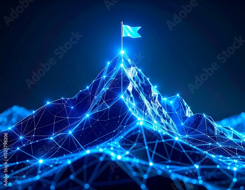 Abstract digital mountain peak with flag