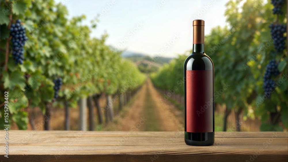 Fototapeta premium A bottle of red wine placed on a wooden table in a beautiful vineyard, showcasing the essence of winemaking and agricultural beauty.