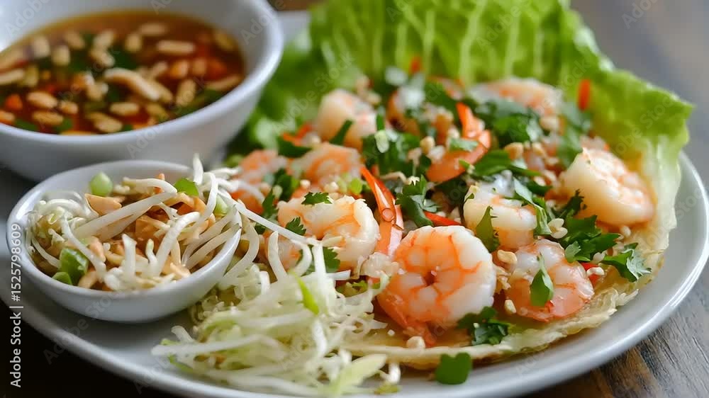 Fresh shrimp dish with herbs and dipping sauce on plate Fresh shrimp dish with herbs and dipping sauce on plate