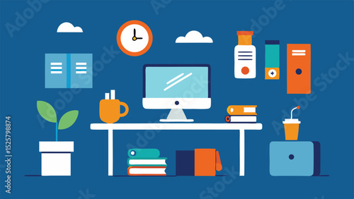 Colorful and minimalist office desk illustration featuring desktop computer and workspace items