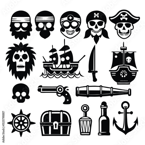 Collection of black and white pirate themed icons depicting skulls ships and treasures