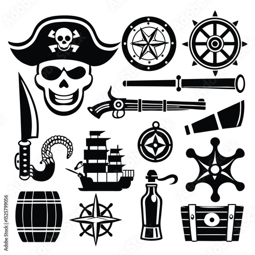 Collection of pirate icons in black and white illustrating treasure and adventure elements