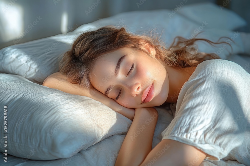 Fototapeta premium young woman peacefully sleeping on white pillow in soft natural sunlight with a calm and relaxed expression
