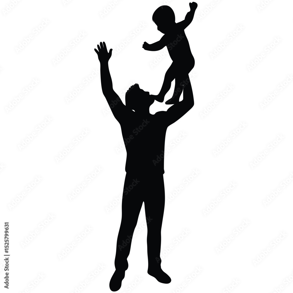 Father and child silhouette depicting joy and playtime on a bright white background Father and child silhouette depicting joy and playtime on a bright white background