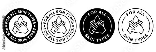 For all skin types label icon set. Face beauty women skin care packaging label for cream, toner, moisturizer, facial mask, lotion, logo, badge, symbol, black, line vector, isolated on white background