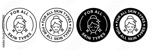 For all skin types label icon set. Face beauty women skin care packaging label for cream, toner, moisturizer, facial mask, lotion, logo, badge, symbol, black, line vector, isolated on white background