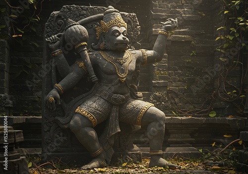 Hanuman Statue in a Lush, Ancient Temple Setting. Generative Ai