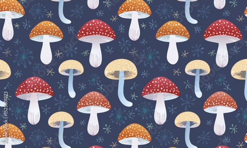 Magical winter mushroom seamless pattern with snowflakes
