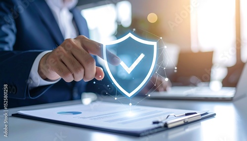 Anonymous compliance officer validating paperwork with shield check emblem