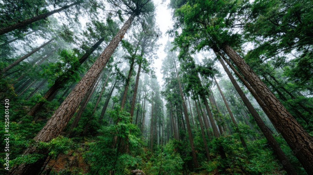 Obraz premium A captivating low angle view captures the towe trees of a dense forest reaching towards the sky, showcasing nature's grandeur and tranquil atmosphere.
